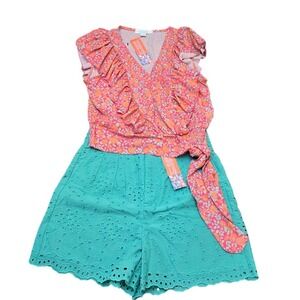 Bunulu Floral Ruffle‎ Top & Eyelet Shorts Set - Sleeveless - Size 10/L